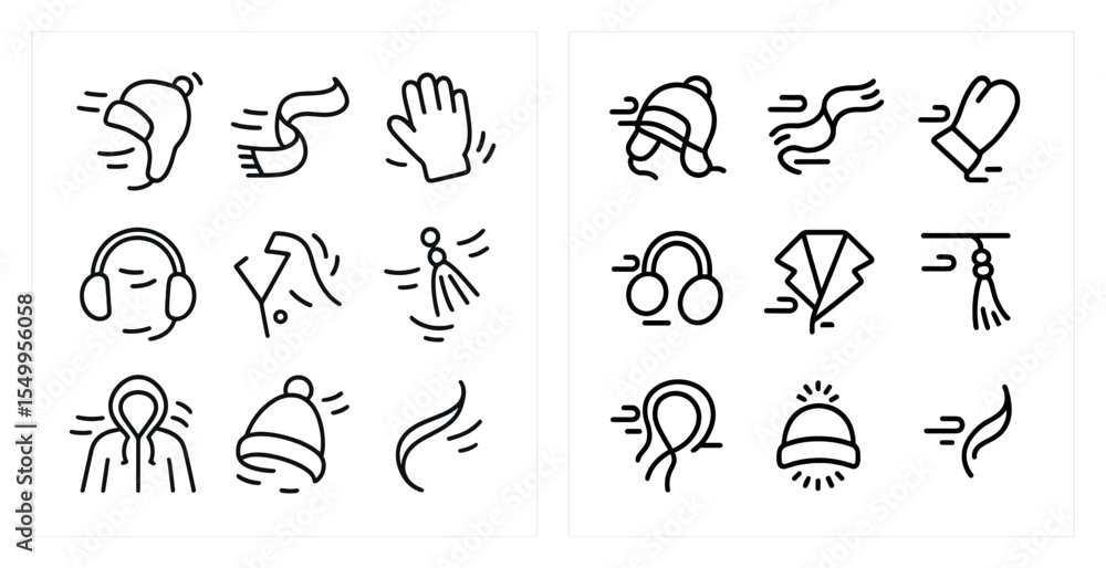 Fototapeta premium Winter clothing outline icons set – linear, flat, cold weather apparel symbols