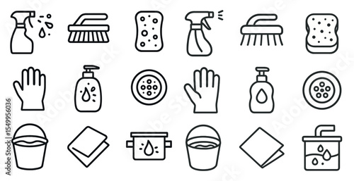 Cleaning and sanitation outline icons set – hygiene, linear, cleaning essentials symbols