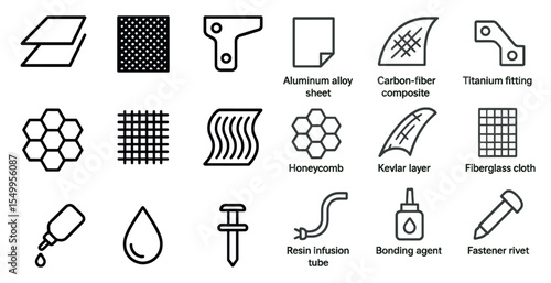 Industrial components linear icons set – outline, engineering, metal and composite graphics