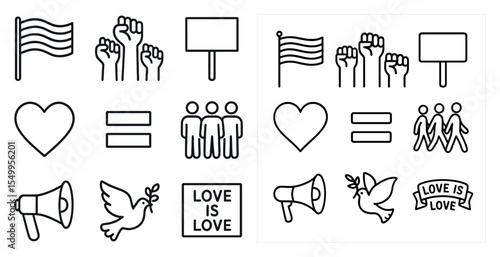 Peace and equality line icons set – outline, symbols of unity and love