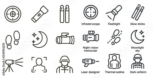 Military and tactical outline icons set – linear, silhouette, night vision tools