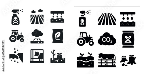 Agriculture solid icons set – filled, farming tools and environmental symbols