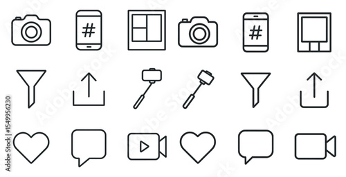 Social media outline icons set – minimalist, vector, communication symbols