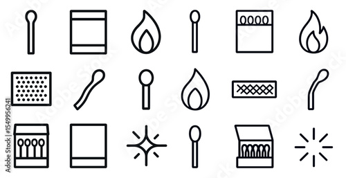 Fire and safety outline icons set – line, silhouette, matchstick and flame symbols
