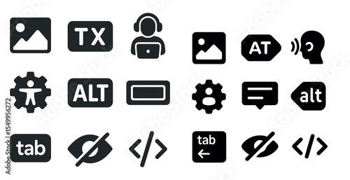 Accessibility silhouette icons set – inclusive, solid, assistive technology symbols