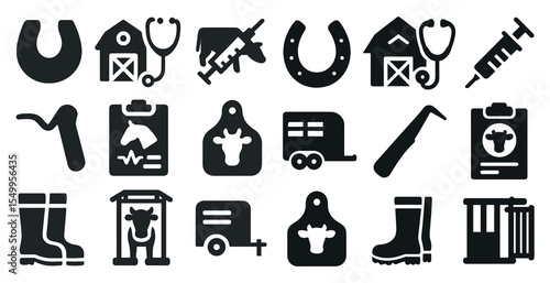 Veterinary and farming solid icons set – filled, animal care, agriculture symbols
