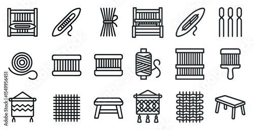 Textile and weaving outline icons set – linear, thread, craft symbols
