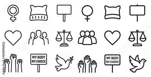 Feminism and equality outline icons set – line, women’s rights, gender symbols