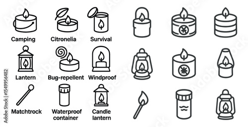 Camping and survival icons set – outline, windproof, lantern and bug-repellent symbols