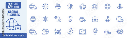 Global Business web icons in line style. Contains icons as international trade, international globalization, worldwide commerce, supply chain, logistic and more. Vector illustration.