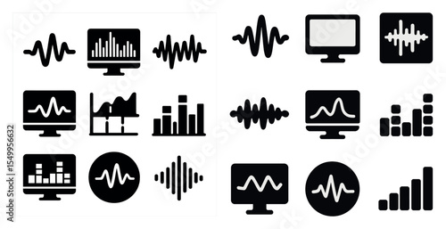 Sound and music solid icons set – filled, audio, soundwave design symbols