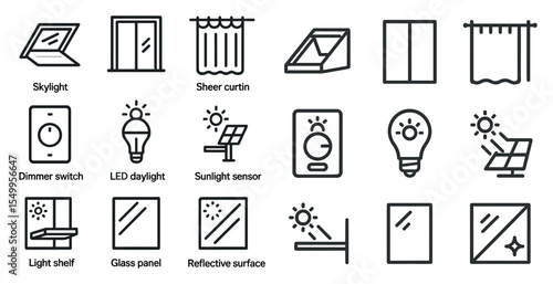 Home automation linear icons set – smart devices, energy-efficient household symbols