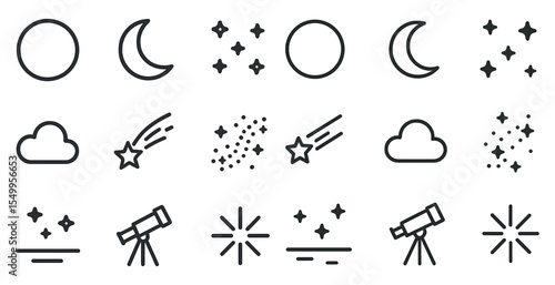 Astronomy and space outline icons set – linear, celestial, stargazing symbols
