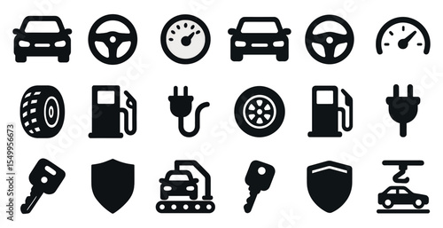 Automotive and vehicle solid icons set – key, dashboard, and transportation symbols