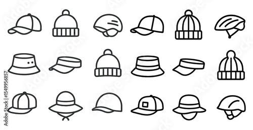 Fashion headwear outline icons set – hat, cap, beanie design elements
