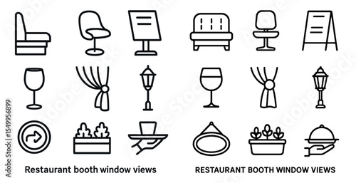 Restaurant booth views outline icons set – line, seating, dining scene symbols