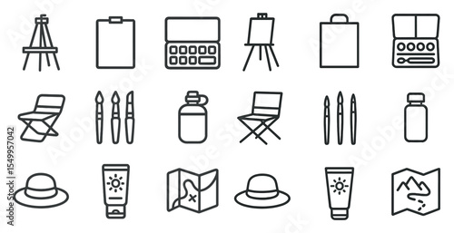Art and painting outline icons set – creativity, tools, drawing symbols