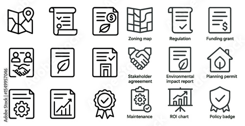 Urban planning and policy outline icons set – linear, map, regulation symbols