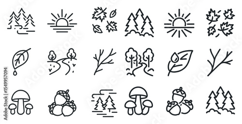 Nature and outdoors line icons set – outline, linear, forest and landscape symbols