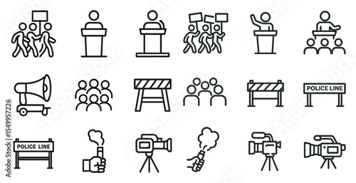 Protest and police outline icons set – linear, demonstration, crowd control symbols