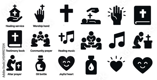 Healing and worship icons set – solid, filled, spiritual and faith symbols