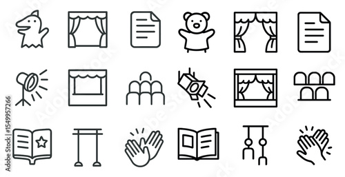 Theater and performance line icons set – outline, drama, stage and acting symbols