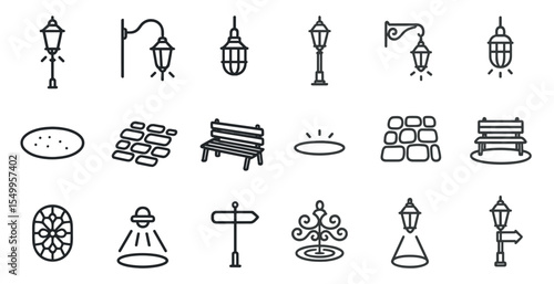 Urban street furniture outline icons set – flat, linear, city and design elements