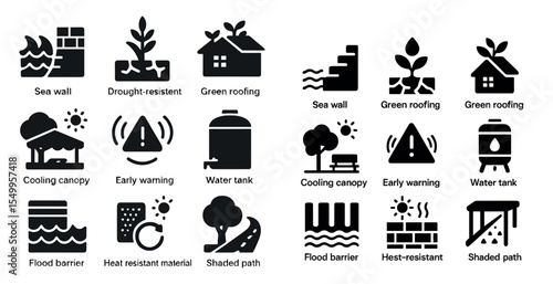 Climate adaptation solid icons set – flood, drought, green infrastructure symbols