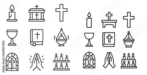 Church and worship line icons set – linear, outline, religious and spiritual symbols