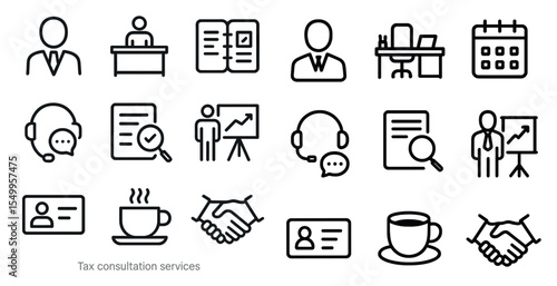 Business and tax consultation outline icons set – linear, office, finance tools