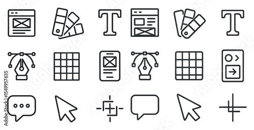 Web design tools outline icons set – wireframe, ui/ux, development essentials