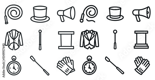 Magic and circus linear icons set – outline, line, entertainment and performance symbols