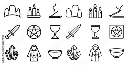 Wiccan and witchcraft line icons set – mystical, outline, spiritual symbols
