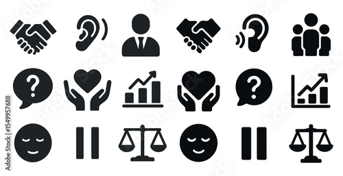 Communication and business solid icons set – filled, marketing, team building essentials