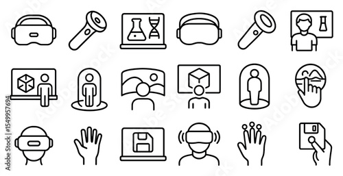 Vr and technology line icons set – outline, flat, virtual reality and digital innovation symbols