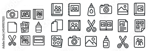 Photo and memories outline icons set – linear, camera, scrapbook, photo editing