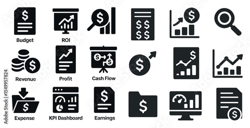 Finance and budget solid icons set – filled, monetary, financial symbols