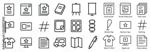 Event and promotion outline icons set – linear, marketing, digital ad tools