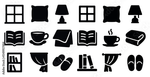 Home and living silhouette icons set – solid, filled, decor and lifestyle symbols