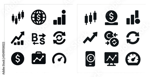 Business and finance solid icons set – filled, economic, investment symbols