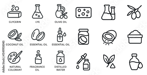 Soap making outline icons set – natural, diy, crafting, essential oil symbols