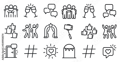 Social interaction outline icons set – communication, engagement, connection symbols