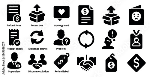 E-commerce and retail solid icons set – flat, filled, shopping and transaction symbols