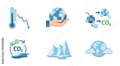 Illustrated Set of Climate Change Solutions, Environmental Protection, and Global Warming Impact Icons