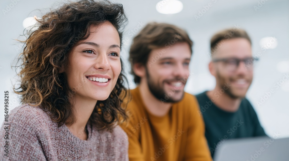 Obraz premium Three people are smiling and sitting together