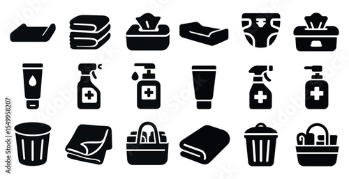 Bathroom essentials filled icons set – hygiene, cleaning, personal care symbols