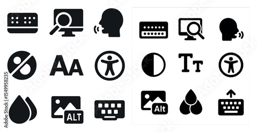 Accessibility and usability icons set – solid, filled, assistive technology symbols