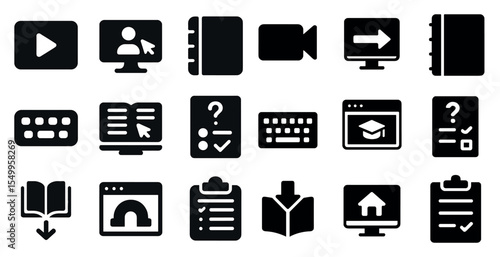 Education and learning solid icons set – flat, filled, academic and study symbols