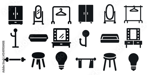 Home furniture and decor icons set – solid, filled, interior design elements