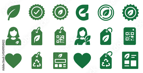 Eco-friendly solid icons set – natural, green, recycling symbols for sustainability